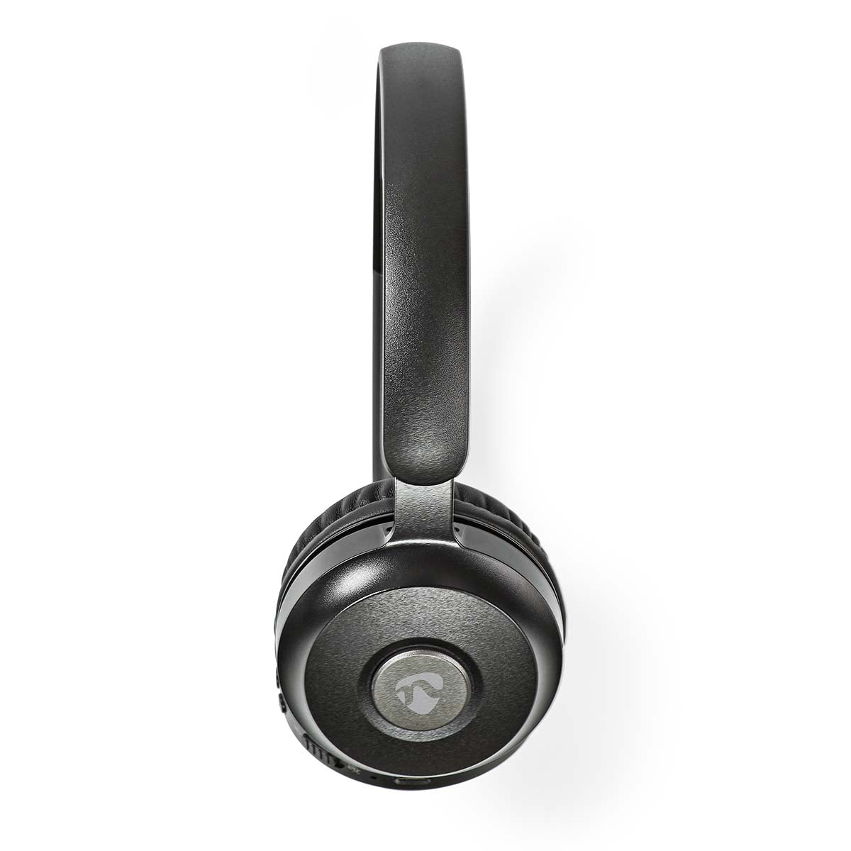 Nedis Bluetooth PC-headset, sort on-ear stereo med enkelt ørekop og centreret hovedbøjle, set forfra.