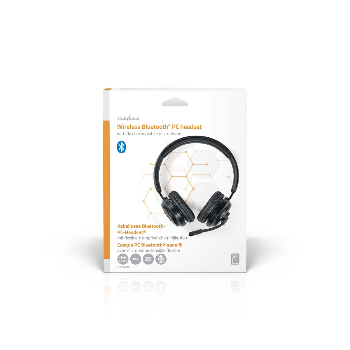Nedis Bluetooth PC-headset sort on-ear stereo, fleksibel boom mic, USB-C/USB-A opladning, 10m rækkevidde.