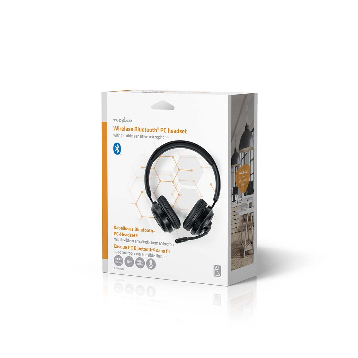 Nedis Bluetooth PC-headset On-Ear Stereo med fleksibel mikrofon vist på produktæske med modelinfo og specifikationer.