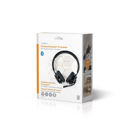Nedis Bluetooth PC-headset On-Ear Stereo med fleksibel mikrofon vist på produktæske med modelinfo og specifikationer.