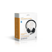 Nedis Bluetooth PC-headset On-Ear Stereo sort vist på æske med produktinfo på engelsk, tysk, fransk og spansk.
