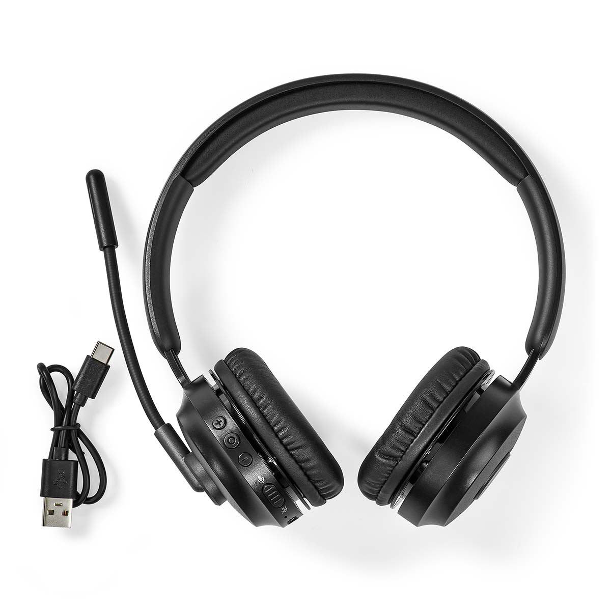 Nedis Bluetooth on-ear stereo PC-headset i sort med hurtig mikrofon og aftageligt USB-ladekabel.