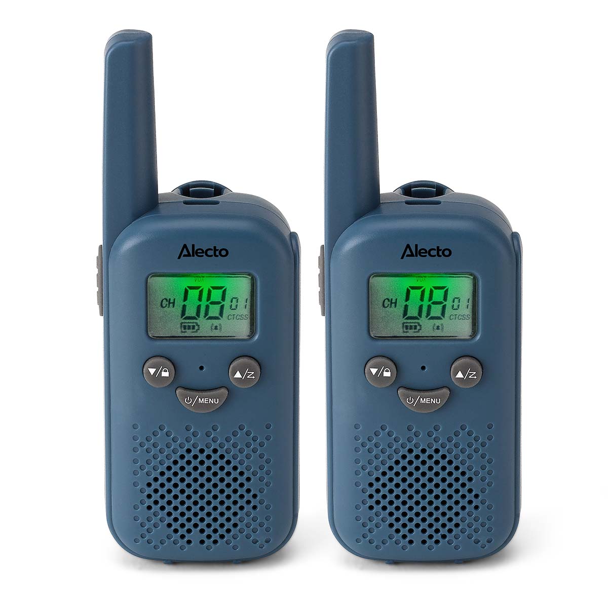 Walkie-Talkie-sæt blå, to enheder med antenner, digitalt skærme "CH 01" og knapper.