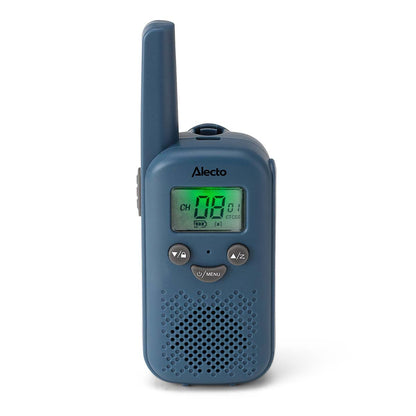 Walkie-Talkie-sæt blå med lille antenne, digitalt display 101, tre knapper under skærmen og perforeret højttaler.