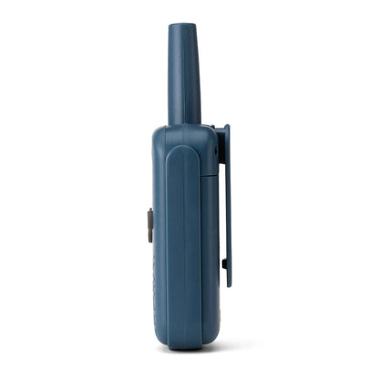Walkie-Talkie-sæt blå, side, antenne øverst, bælteclip til højre.