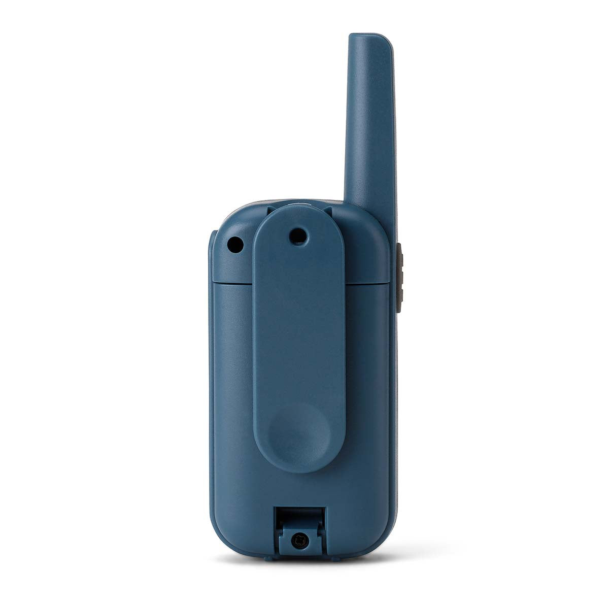 Walkie-Talkie-sæt blå set bagfra med bælteclips, antenne til højre, batterirum nederst.