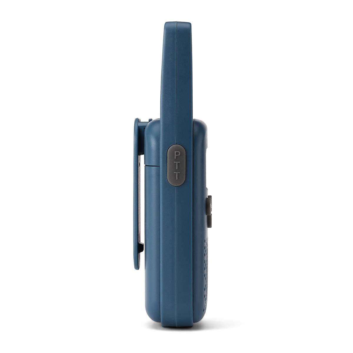 Blåt walkie-talkie-sæt i sideprofil med stor PTT-knap og bælteclips.