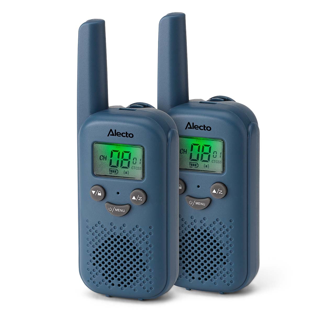 Blå walkie-talkie sæt med antenner og grønne digitale skærme, der viser kanalinfo, egnet til udendørs brug.