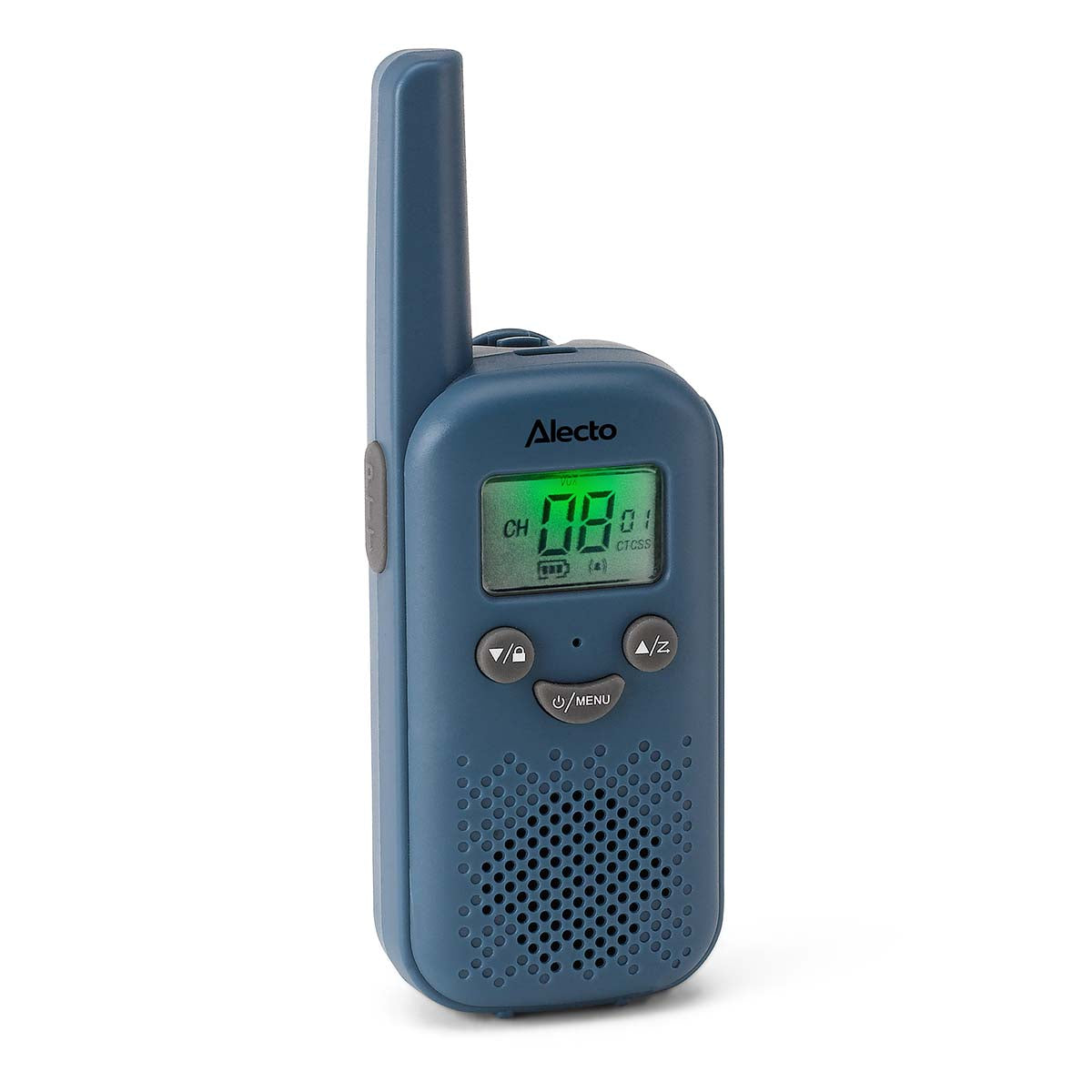 Blåt walkie-talkie-sæt med antenne, digitalt display på kanal 8 og flere knapper under skærmen.