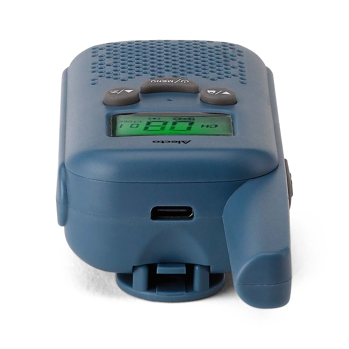 Walkie-Talkie sæt blå med digitalt display, kontrolknapper og front opladningsport vist fra skrå topvinkel.