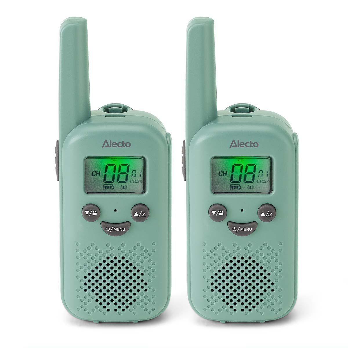 To grønne walkie-talkies sæt, display viser kanal 8, PMR446 teknologi.