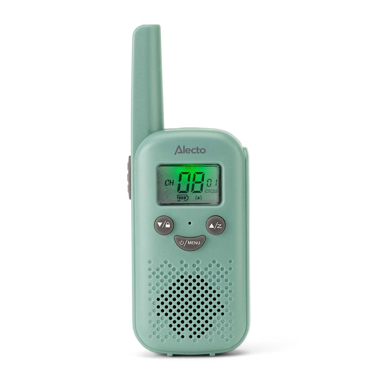 Mintgrøn walkie-talkie sæt, display med CH 02, knapper, højtalerhuller, venstresidet antenne, PMR446 teknologi.