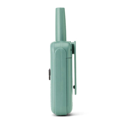 Walkie-talkie sæt, grøn, vist fra siden med clips på bagsiden.