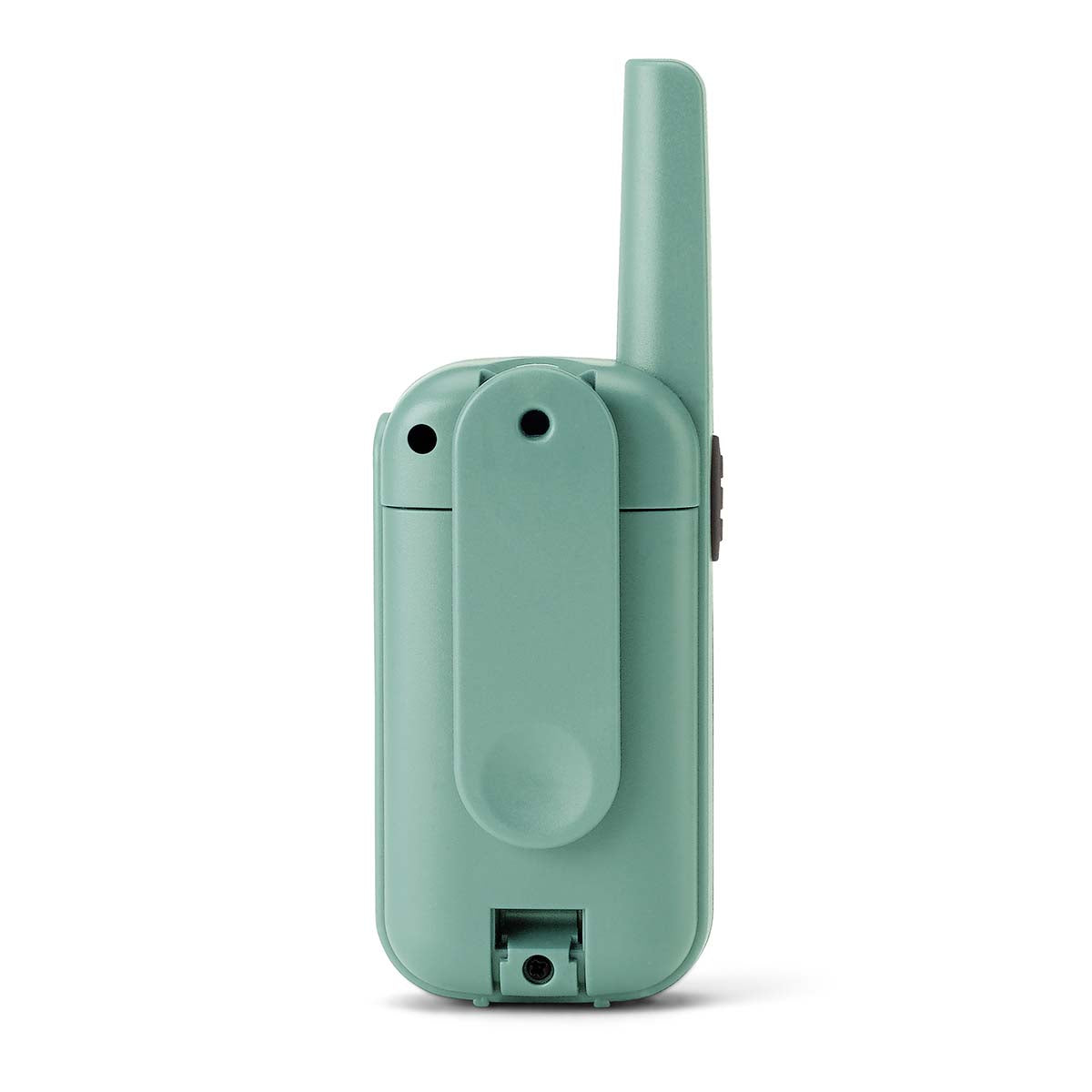 Walkie-Talkie-sæt grøn stående, bagside med bælteklip, lang antenne, lille luge og skruehuller nederst.