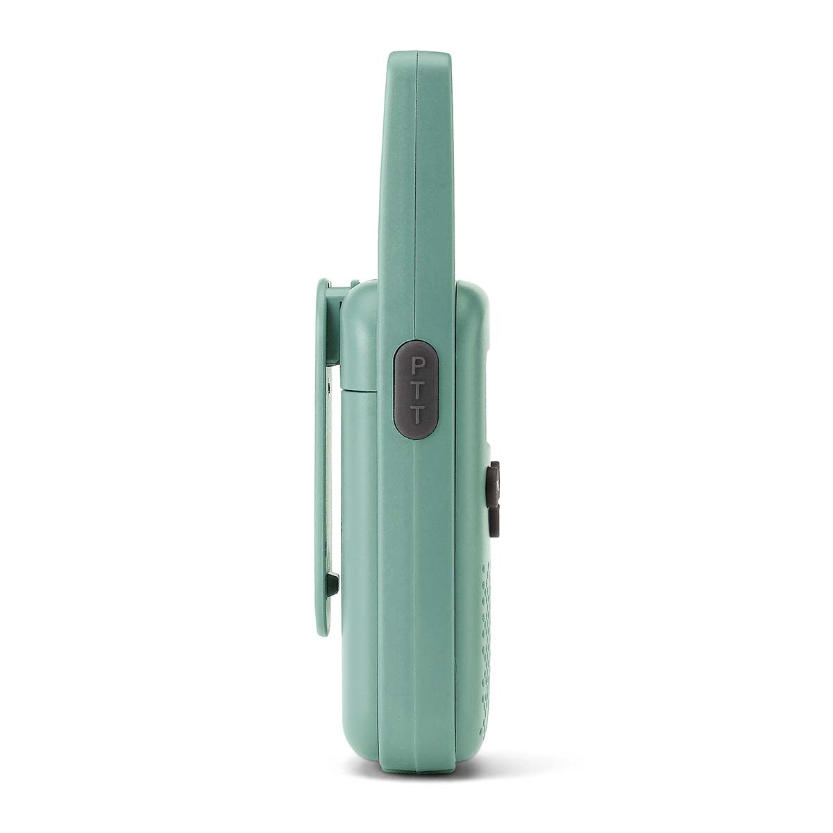 Grønt walkie-talkie-sæt med PTT-knap og bælteclips, sideview.