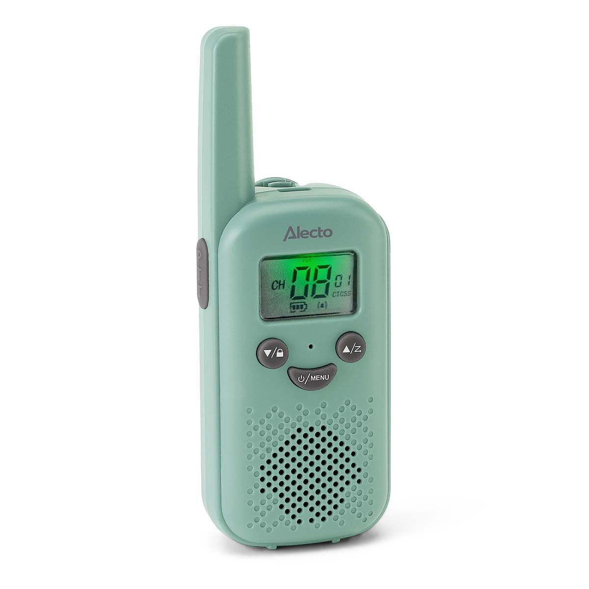 Walkie-Talkie-sæt, mintgrøn, lille display, kontrolknapper, højttaler nederst, lang antenne, brandnavn over skærm.