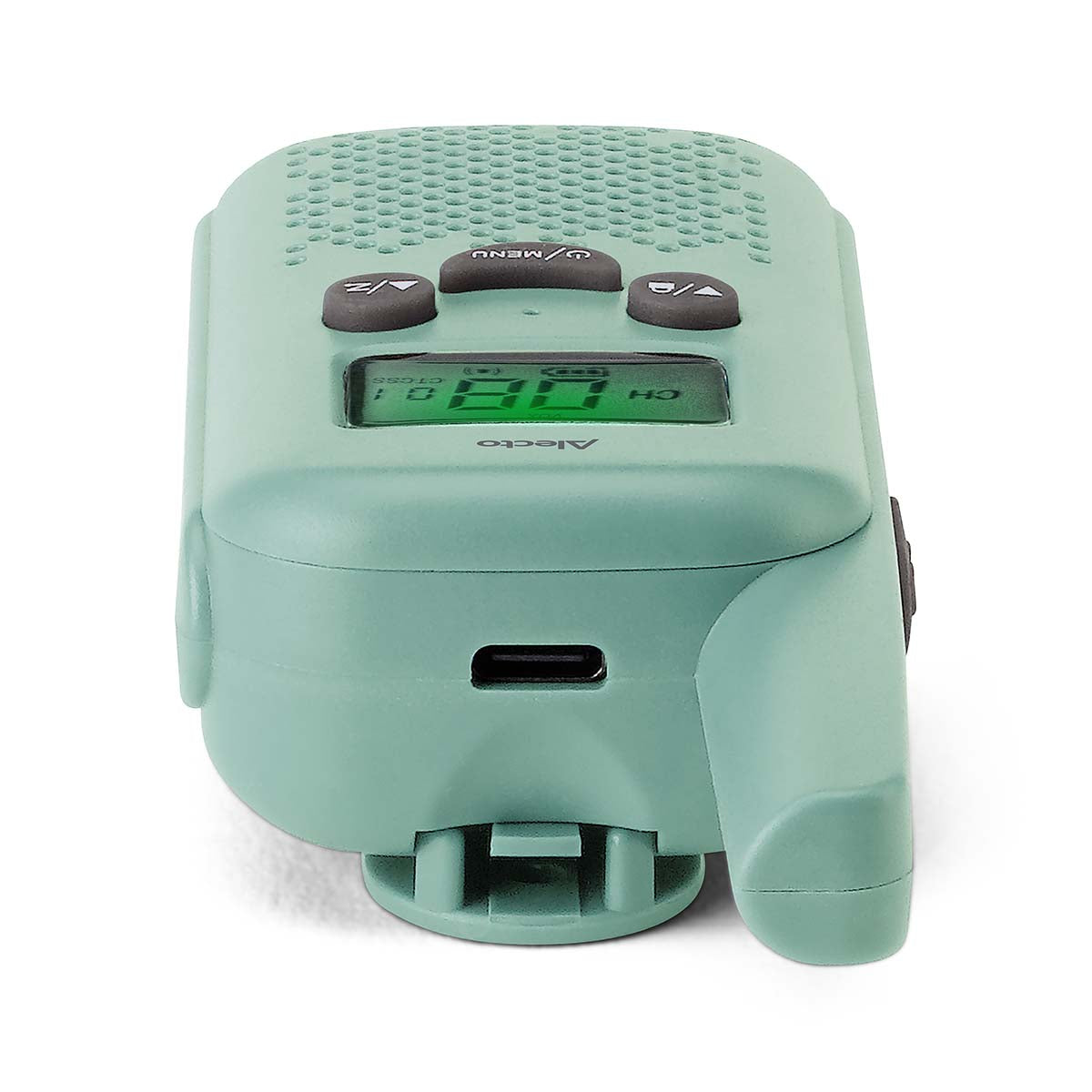 Walkie-Talkie-sæt grøn, digital skærm, MENU- og op/ned-knapper, højtalergrill, USB-port, bælteclip, PMR446.
