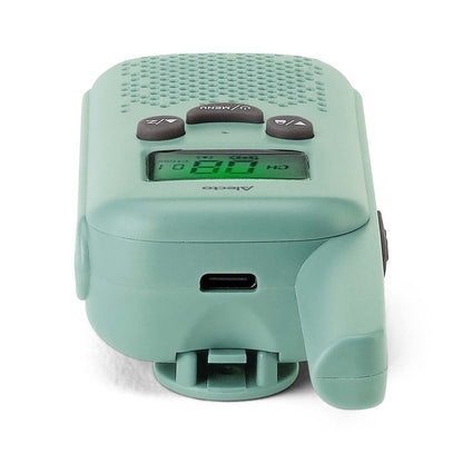 Walkie-Talkie-sæt grøn, digital skærm, MENU- og op/ned-knapper, højtalergrill, USB-port, bælteclip, PMR446.