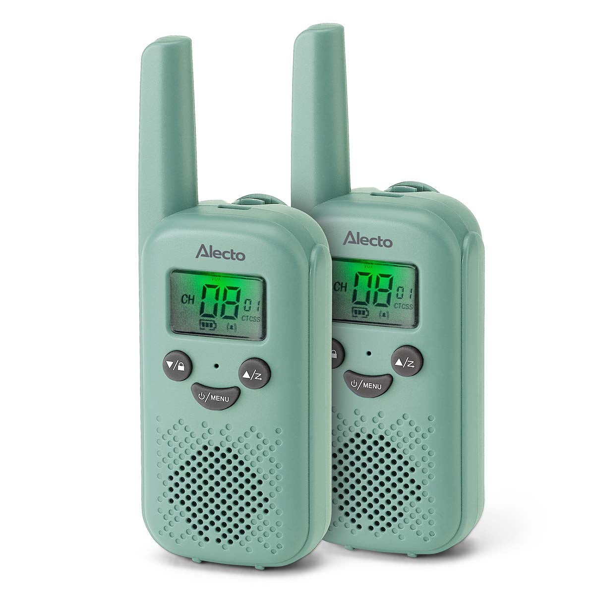 Grønne håndholdte walkie-talkier PMR446 med antenner og digital skærme side om side.
