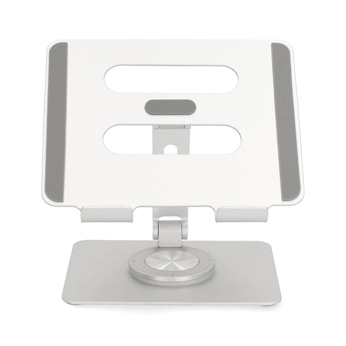 Tabletstativ sølv med flad rektangulær base, centralt hængsel, platform med udskårne slots og silikonepuder.