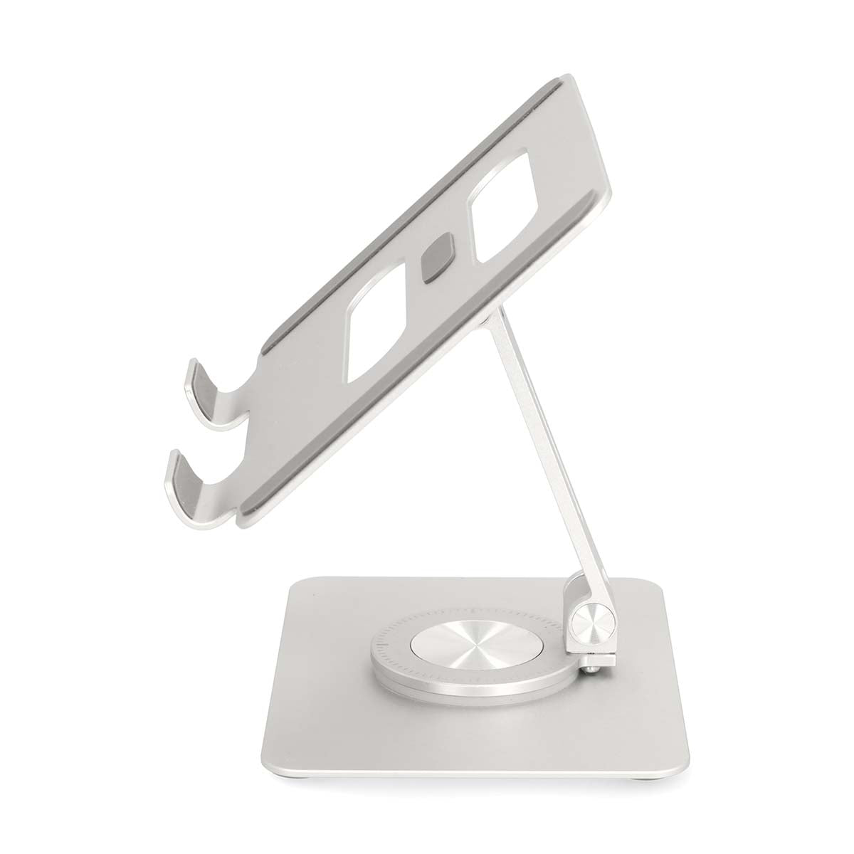 Tabletstativ sølv, justerbar med roterende base, foldbar arm, dobbeltholder-design til tablet eller smartphone.