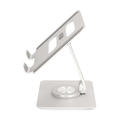Tabletstativ sølv, justerbar med roterende base, foldbar arm, dobbeltholder-design til tablet eller smartphone.