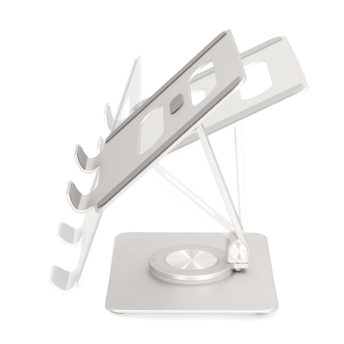 Tabletstativ Sølv med tre justerbare arme, flad bund og ventilationsudskæringer, set fra siden.