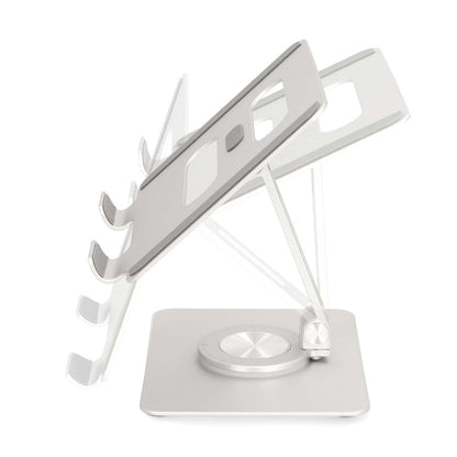 Tabletstativ Sølv med tre justerbare arme, flad bund og ventilationsudskæringer, set fra siden.