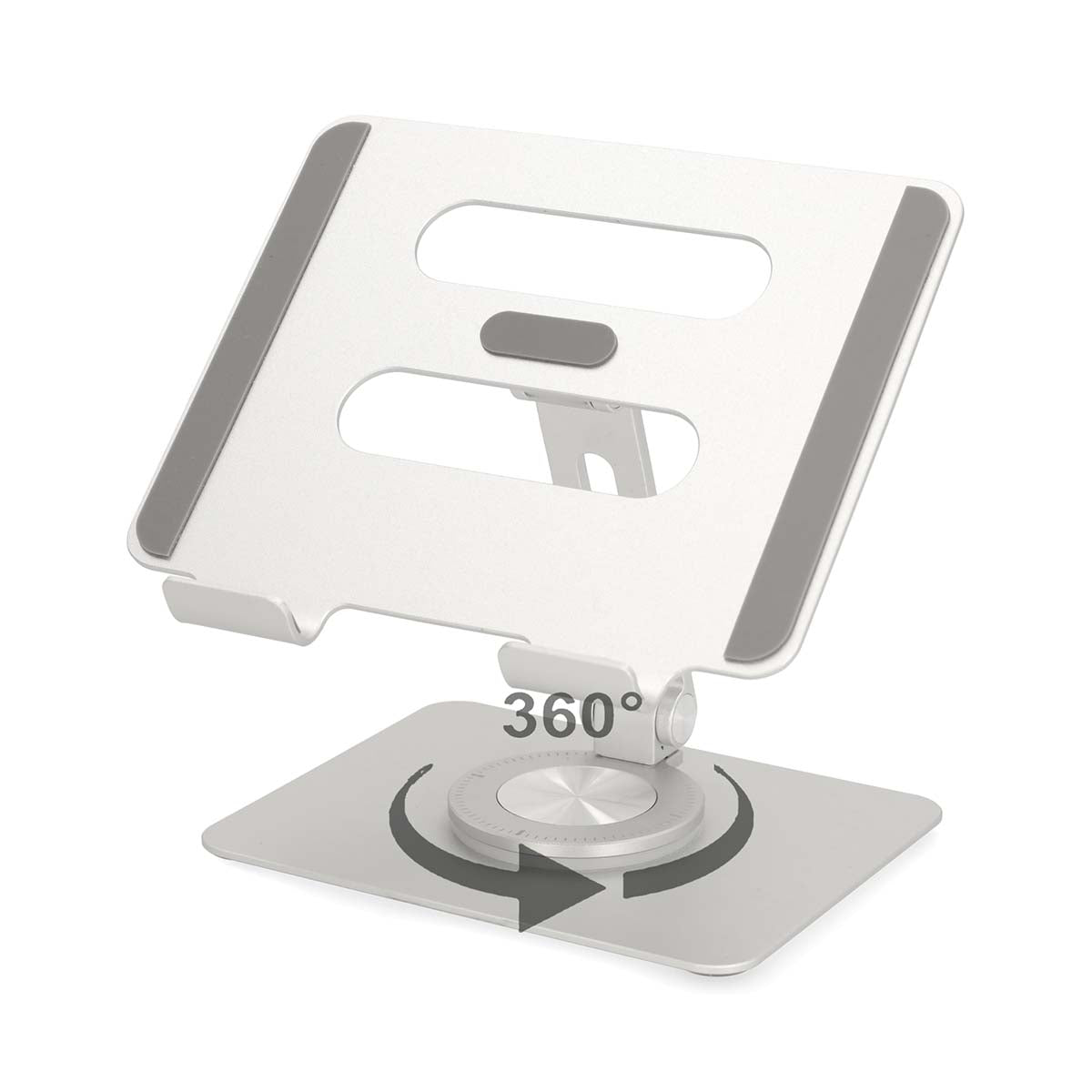 Tabletstativ sølv justerbar med gummipuder, rektangulært udskær på bagpanel og 360° drejbar base med cirkelpil.