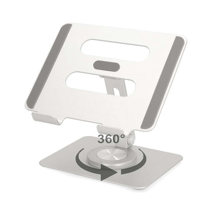 Tabletstativ sølv justerbar med gummipuder, rektangulært udskær på bagpanel og 360° drejbar base med cirkelpil.