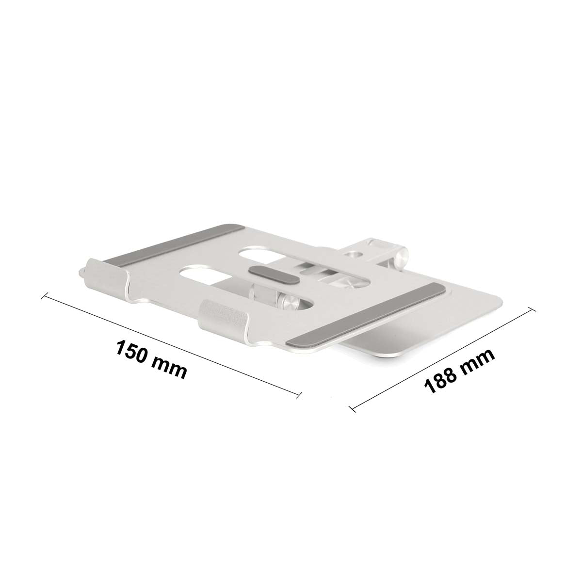 Tabletstativ sølv, justerbart med to slags gummipuder, vinkelvisning, mål 150 mm bred og 188 mm lang.