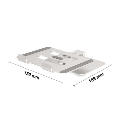 Tabletstativ sølv, justerbart med to slags gummipuder, vinkelvisning, mål 150 mm bred og 188 mm lang.