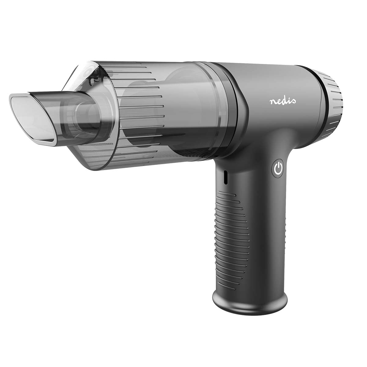 Håndholdt støvsuger og luftblæser 90 W sort og transparent design med synlig power-knap.