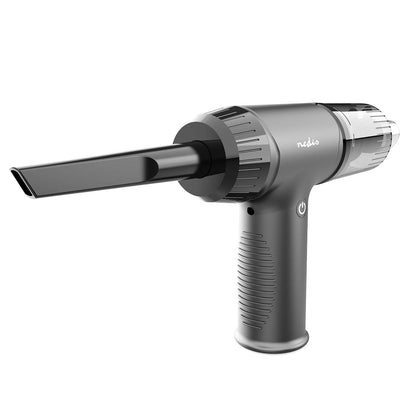 Håndholdt støvsuger og luftblæser 90 W sort/grå, smal dyse, synlig power-knap på håndtaget.
