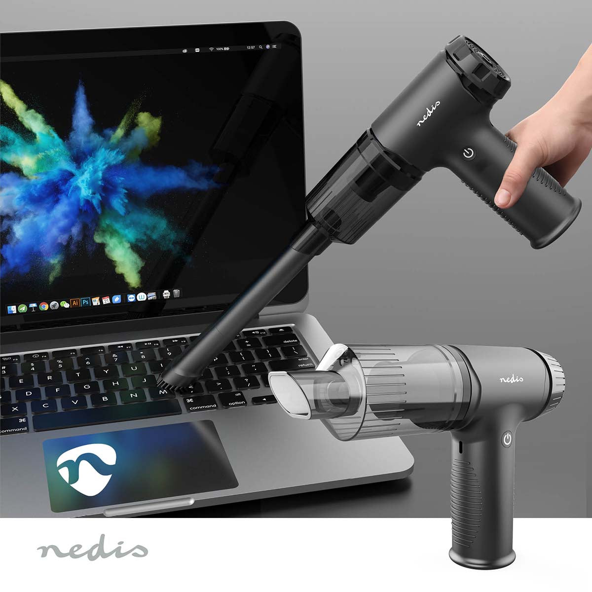 Håndholdt Støvsuger  Luftblæser 90 W renser laptop-tastatur, aftagelig dyse og filter, AV-Cables.dk logo synligt.