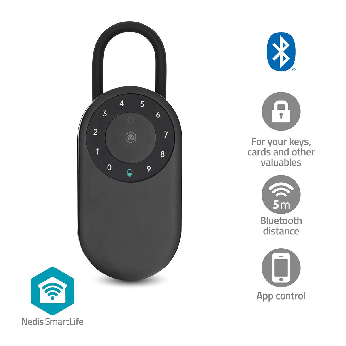 Nedis SmartLife nøgleboks Bluetooth sort hængelås med rund kodeknap og Bluetooth-symbol, logo nederst til venstre.