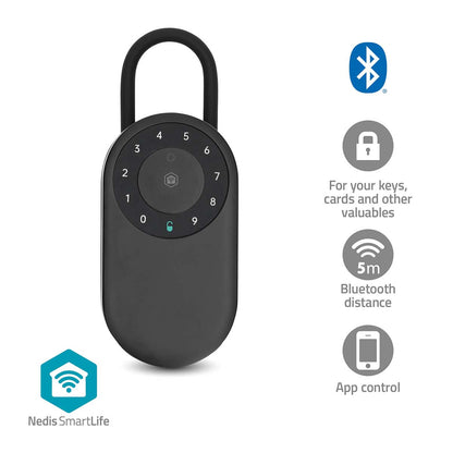 Nedis SmartLife nøgleboks Bluetooth sort hængelås med rund kodeknap og Bluetooth-symbol, logo nederst til venstre.