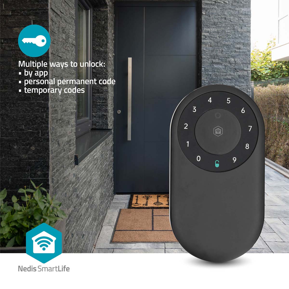 Nedis SmartLife Nøgleboks Bluetooth udendørs med app-adgang og kodefunktion, logo synligt i hjørnet.