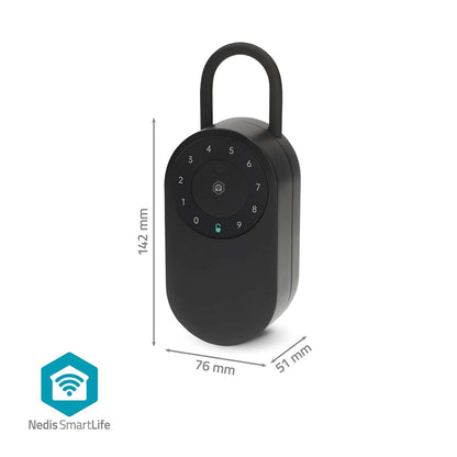 SmartLife Nøgleboks Bluetooth udendørs, sort med 0-9 cirkulært tastatur, 142×76×51 mm, SmartLife logo nederst til venstre.