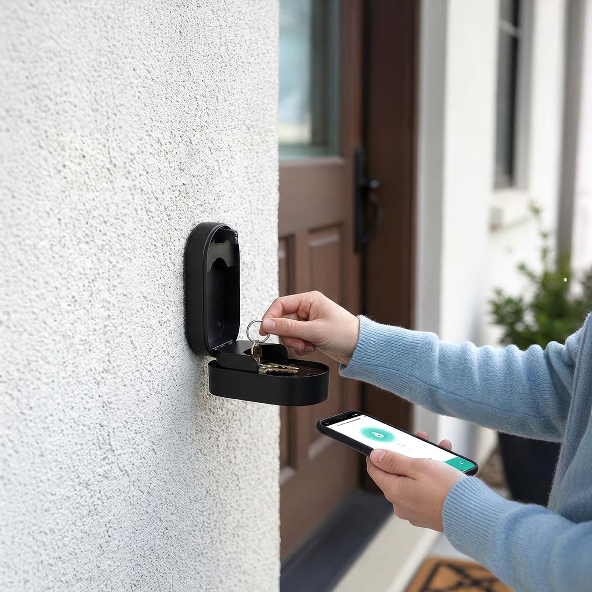 SmartLife Nøgleboks Bluetooth Udendørs åben ved dør, synlige nøgler og smartphone med låsekontrol-app.