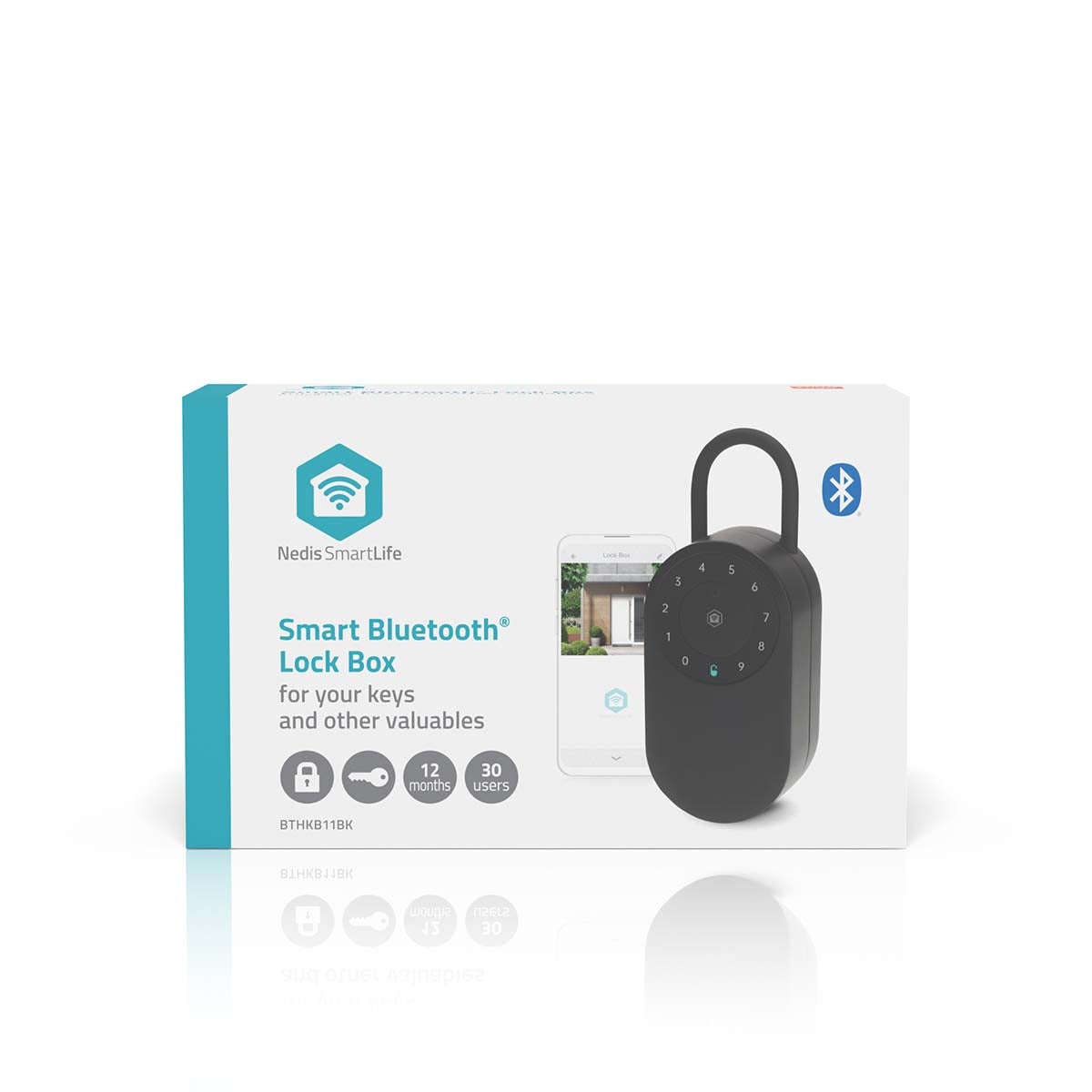 SmartLife Nøgleboks Bluetooth Udendørs, billede med smartphone, 12 mdr batteri, 30 brugere, adgangskontrol.