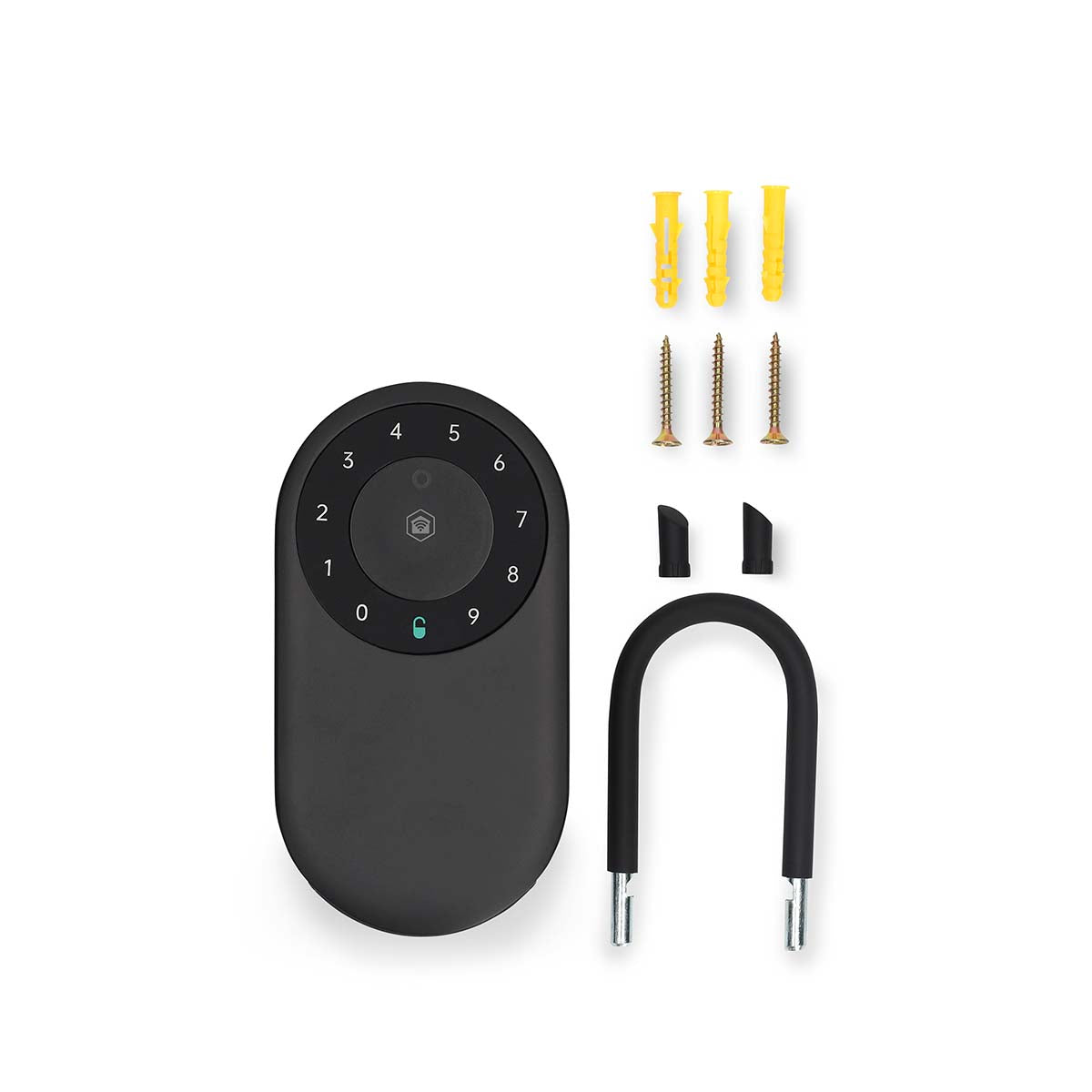 SmartLife nøgleboks Bluetooth udendørs, sort oval med talkode, U-bøjle, 2 monteringshætter, 3 skruer og 3 gule rawlplugs.