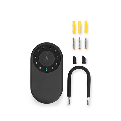 SmartLife nøgleboks Bluetooth udendørs, sort oval med talkode, U-bøjle, 2 monteringshætter, 3 skruer og 3 gule rawlplugs.
