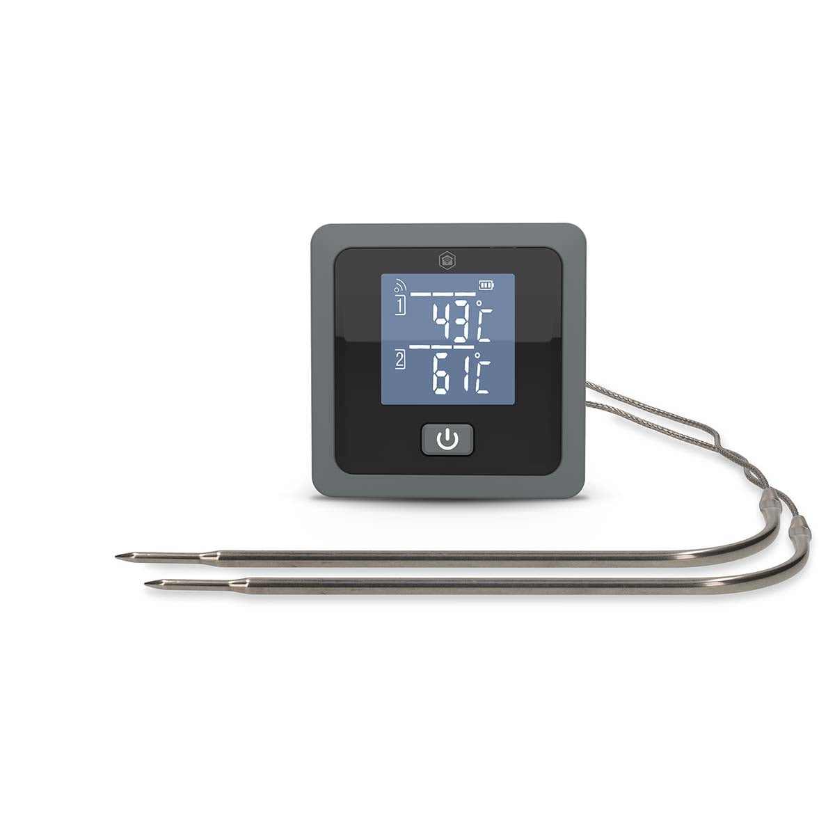 Nedis SmartLife Grilltermometer Bluetooth med firkantet display og til metalprober, viser temperatur i SmartLife-appen.