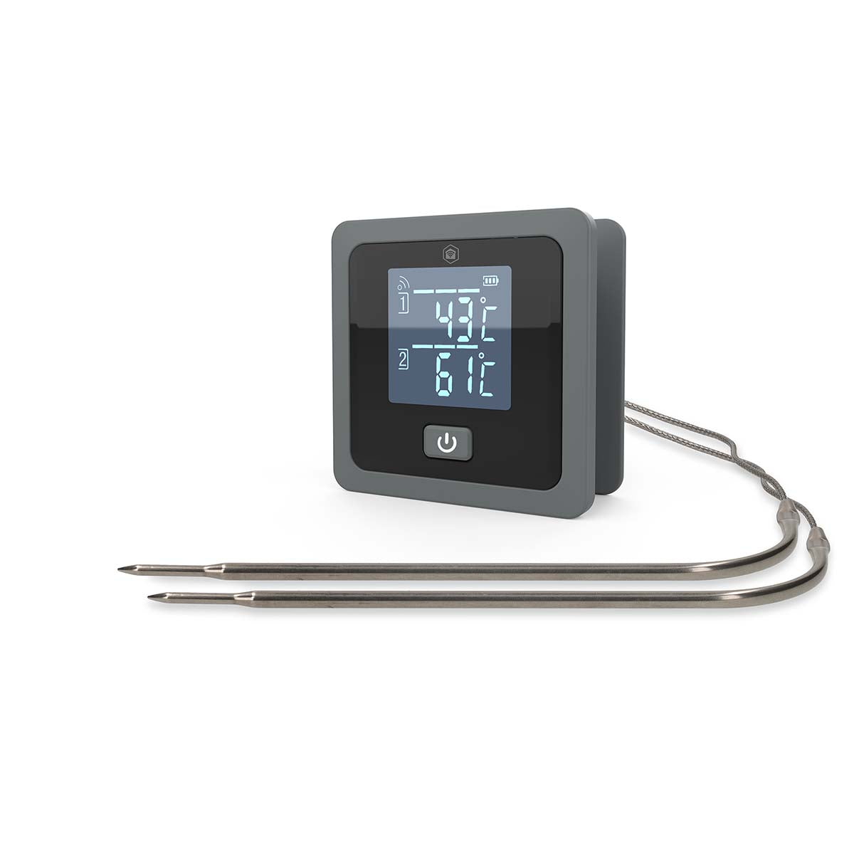 Nedis SmartLife grilltermometer med firkantet display, to temperaturvisninger, dobbelt metalprobe og Bluetooth.