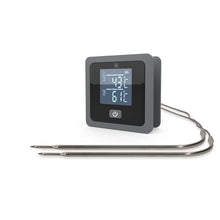 Nedis SmartLife grilltermometer med firkantet display, to temperaturvisninger, dobbelt metalprobe og Bluetooth.