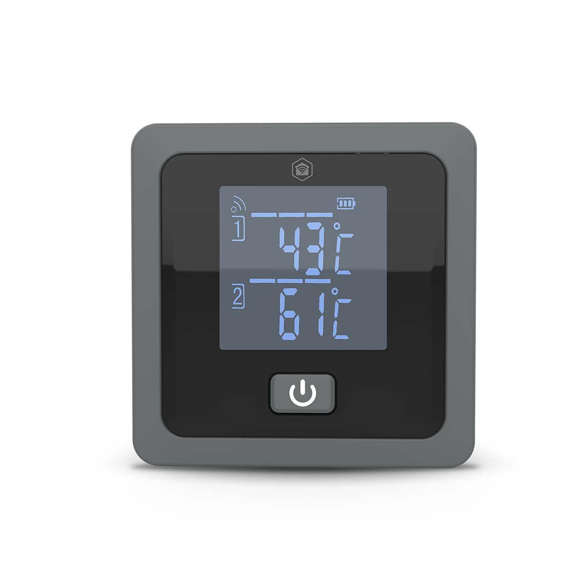 Nedis SmartLife Grilltermometer Bluetooth, grå ramme, sort skærm med blå cifre 49°C 61°C, ikon for signal, batteri, app.