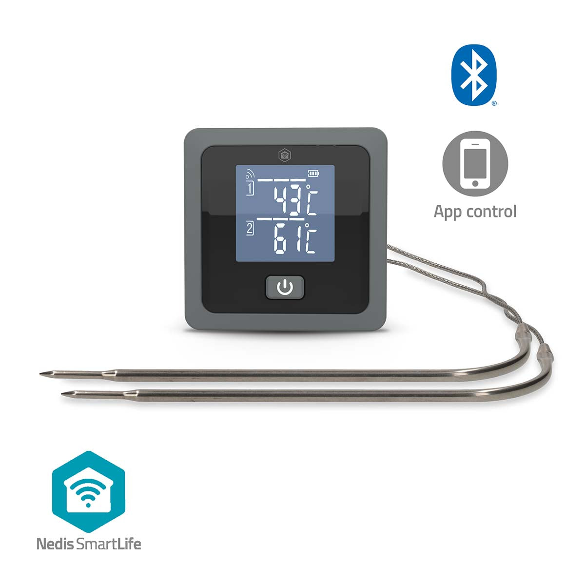 Nedis SmartLife grilltermometer Bluetooth med to metalprober, LCD-temperaturdisplay, app-ikoner og logo nederst.