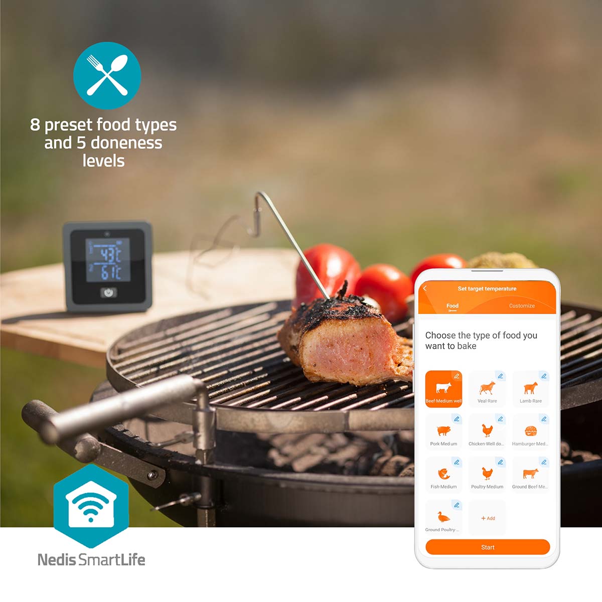 Nedis SmartLife grilltermometer Bluetooth, viser 8 madtyper og 5 stegeniveauer i app, Nedis SmartLife logo vises.