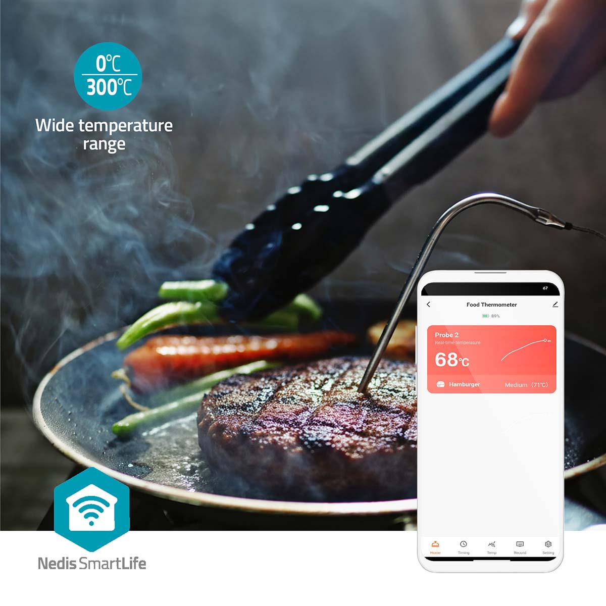 Nedis SmartLife Grilltermometer Bluetooth, madtemperatur 68°C på smartphone, app viser interval 0-300°C.